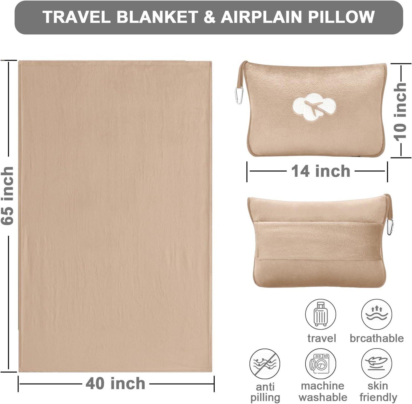 Travel Blanket and Pillow Compact, Premium Soft 2 in 1 Airplane Blanket with Soft Bag Pillowcase，Hand Luggage Sleeve and Backpack Clip (Checkered Black)