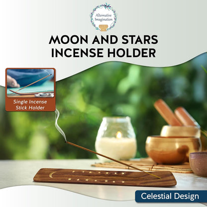 Moon and Stars Incense Holder - Wooden Ash Catcher with Celestial Design for Single Incense Sticks - Meditation Accessories, Spiritual Decor, Home Fragrance, Room Decor (10 Inches Long)