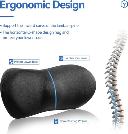 Lumbar Support Pillow for Car with Dual-Grip Stability System - Advanced Adaptive Memory Foam Back Pillow for Lower Back Pain Relief, Ergonomic Driving Seat & Office Chair Cushion, Black