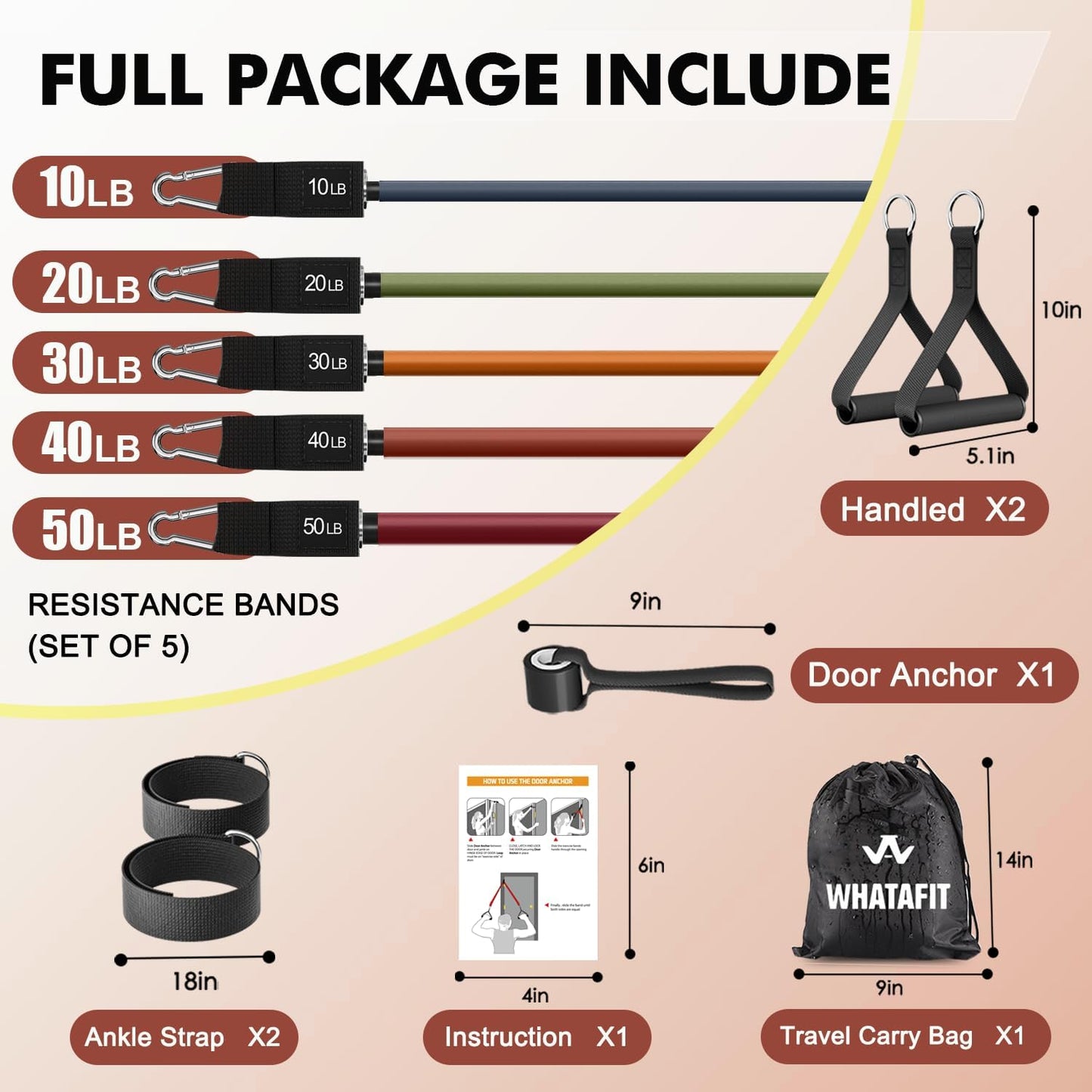 WHATAFIT Resistance Bands, Exercise Bands, Workout Bands with Handles, Door Anchor and Ankle Straps, 5 Resistance Levels Fitness Bands for Strength Training, Physical Therapy, and Home Gym Equipment