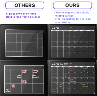 Magnetic Whiteboard for Fridge - Large Dry Erase Calendar for Wall | 2 Magnetic Dry Erase Board 10.5" x 16.5" & 7" x 16.5", Monthly Goal Setting & Habit Tracker, 5 Markers and 6 Adhesive Hooks