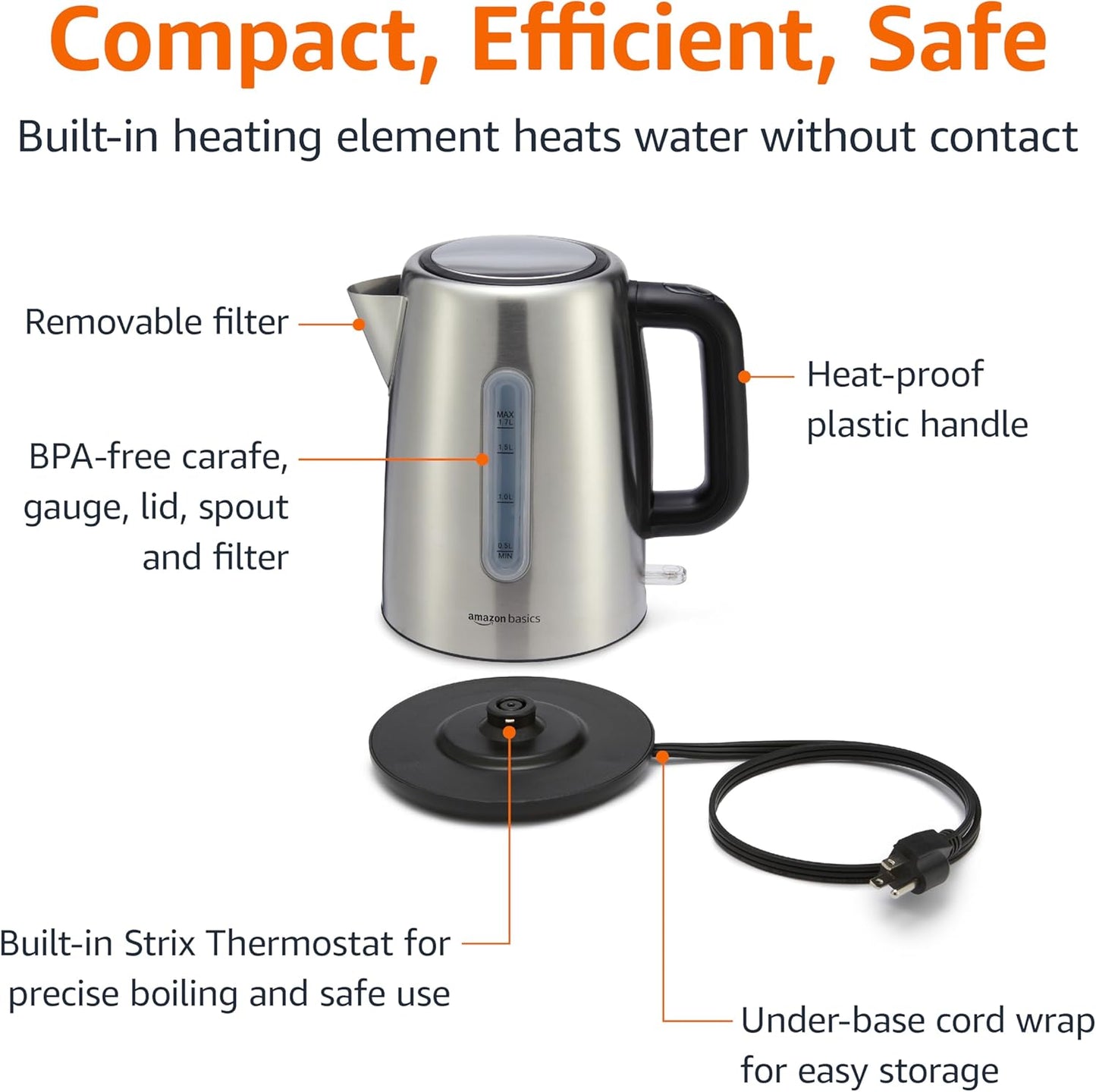 Amazon Basics Electric Kettle with Glass Carafe for Tea and Coffee, BPA-Free, Fast Boiling, Auto Shut-Off, Boil-Dry Protection, Water Level Indicator, 1.7 Liter, 1500W, Black and Silver