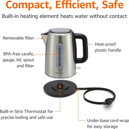 Amazon Basics Electric Kettle with Glass Carafe for Tea and Coffee, BPA-Free, Fast Boiling, Auto Shut-Off, Boil-Dry Protection, Water Level Indicator, 1.7 Liter, 1500W, Black and Silver