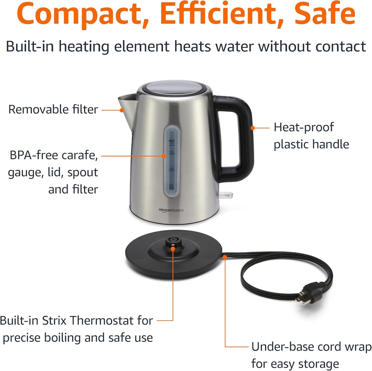 Amazon Basics Electric Kettle with Glass Carafe for Tea and Coffee, BPA-Free, Fast Boiling, Auto Shut-Off, Boil-Dry Protection, Water Level Indicator, 1.7 Liter, 1500W, Black and Silver