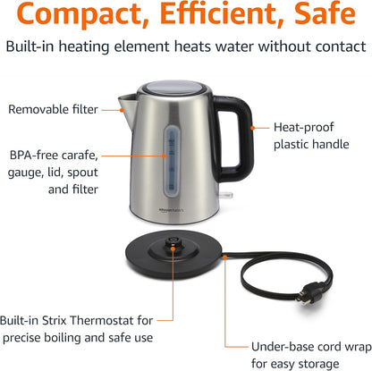 Amazon Basics Electric Kettle with Glass Carafe for Tea and Coffee, BPA-Free, Fast Boiling, Auto Shut-Off, Boil-Dry Protection, Water Level Indicator, 1.7 Liter, 1500W, Black and Silver