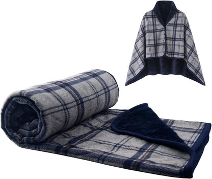 forestfish Fleece Wearable Blanket, Plaid Lap Blanket Comfy Poncho Throw with Buttons for Bed Sofa Office, Grey-White