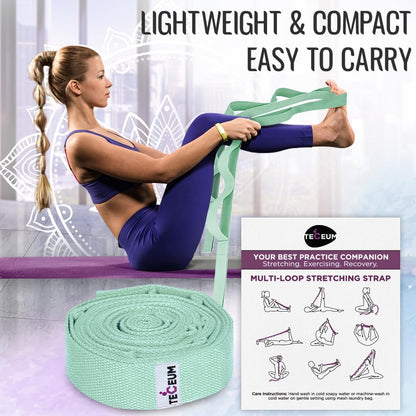 TECEUM Stretching Strap with 10 Loops for Physical Therapy & Rehab | Non-Elastic Yoga Stretch Band for Hamstring, Leg, Hip & Knee Rehab, Pilates, Flexibility & Mobility Exercises for Men & Women