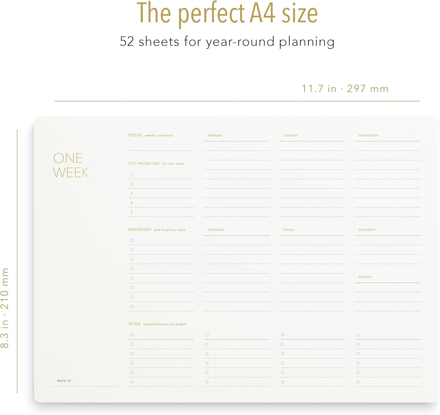 Pinesman - One Week - Elegant Undated Weekly Desk Planner, Gold Foiled, A4, Minimalist Weekly To Do List Notepad, Daily Schedule, Work Week Planner Pad, Eco-friendly, FSC™ Certified
