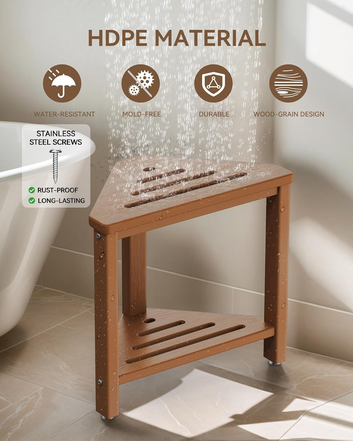 Shower Foot Rest 15in, HDPE Waterproof Shower Stool for Inside Shower, Corner Shower Stool for Shaving Legs with Storage Shelf for Small Space, Shower Step Stool, Plastic Corner Shower Bench, White