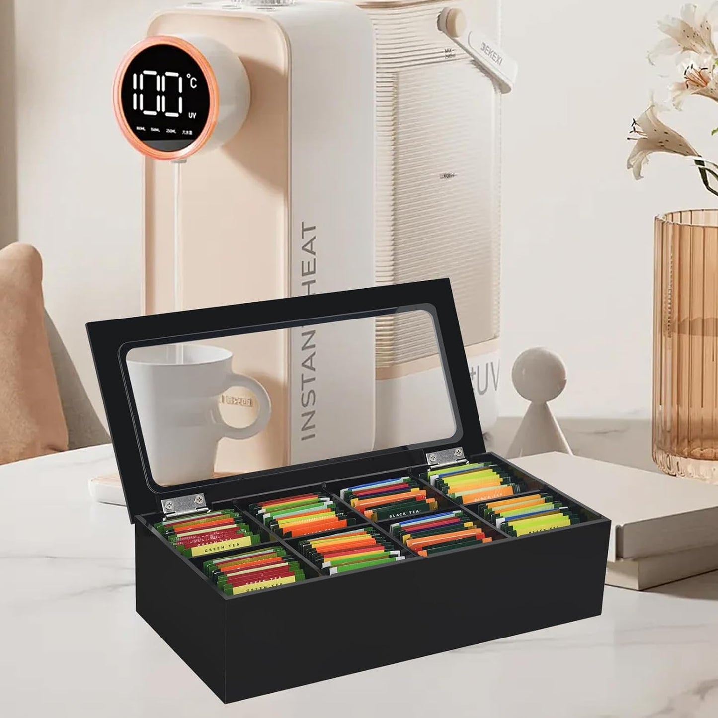 Tasybox Tea Bag Organizer, Acrylic Tea Box with Lid, Black Teabag Holder
