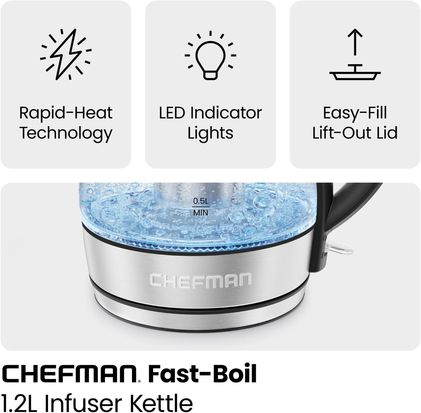 Chefman Electric Kettle with Temperature Control, 5 Presets LED Indicator Lights, Removable Tea Infuser, Glass Tea Kettle & Hot Water Boiler, 360° Swivel Base, BPA Free, Stainless Steel, 1.8 Liters