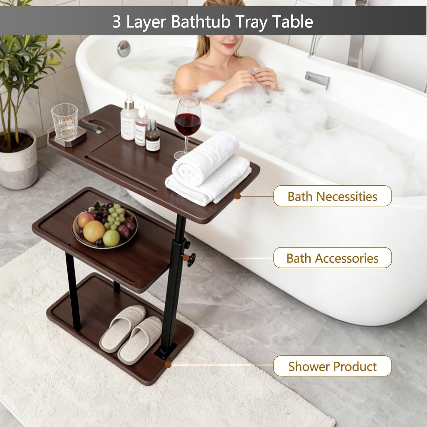 3 Layer Bathtub Tray Table,Bamboo Swivel Bathtub Side Table Height Adjustable,Freestanding Bathtub Tray for Tub Against Wall,Bathtub Accessories&Bathroom Organizer for Luxury Home Spa (Black)
