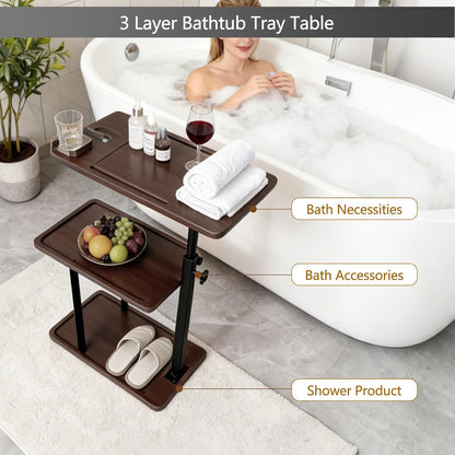 3 Layer Bathtub Tray Table,Bamboo Swivel Bathtub Side Table Height Adjustable,Freestanding Bathtub Tray for Tub Against Wall,Bathtub Accessories&Bathroom Organizer for Luxury Home Spa (Black)