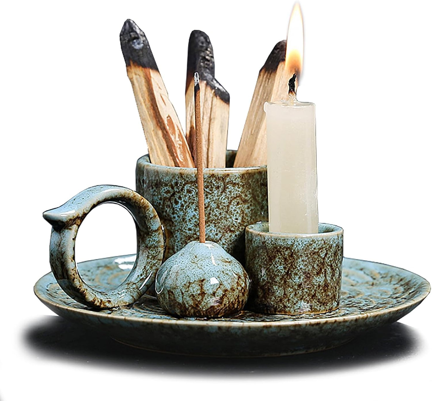 4 in 1 Ceramic Incense Burner Holder with Handle for Burning Sage, Palo Santo Stick, Joss Sticks, Candle in Your New House, Office, Yoga, Meditation Room (Speckled Blue)