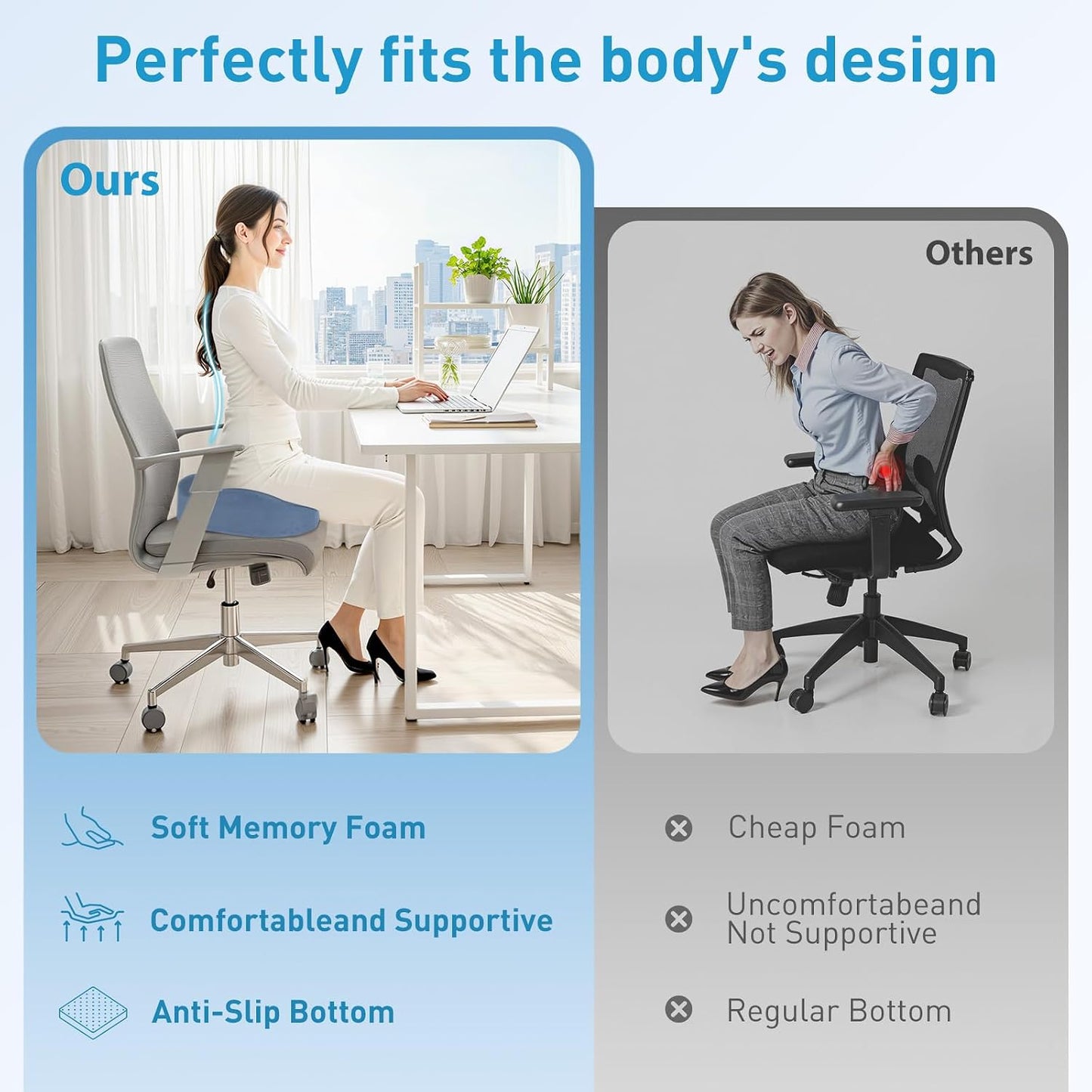 BlissTrends Seat Cushion with Velvet Cover, Thick Memory Foam Cushions for Office Chair, Car Seat, Airplane, Relieving Pressure Tailbone Sciatica Back Pain for Long Sitting, Car Drivers 4.7in Black