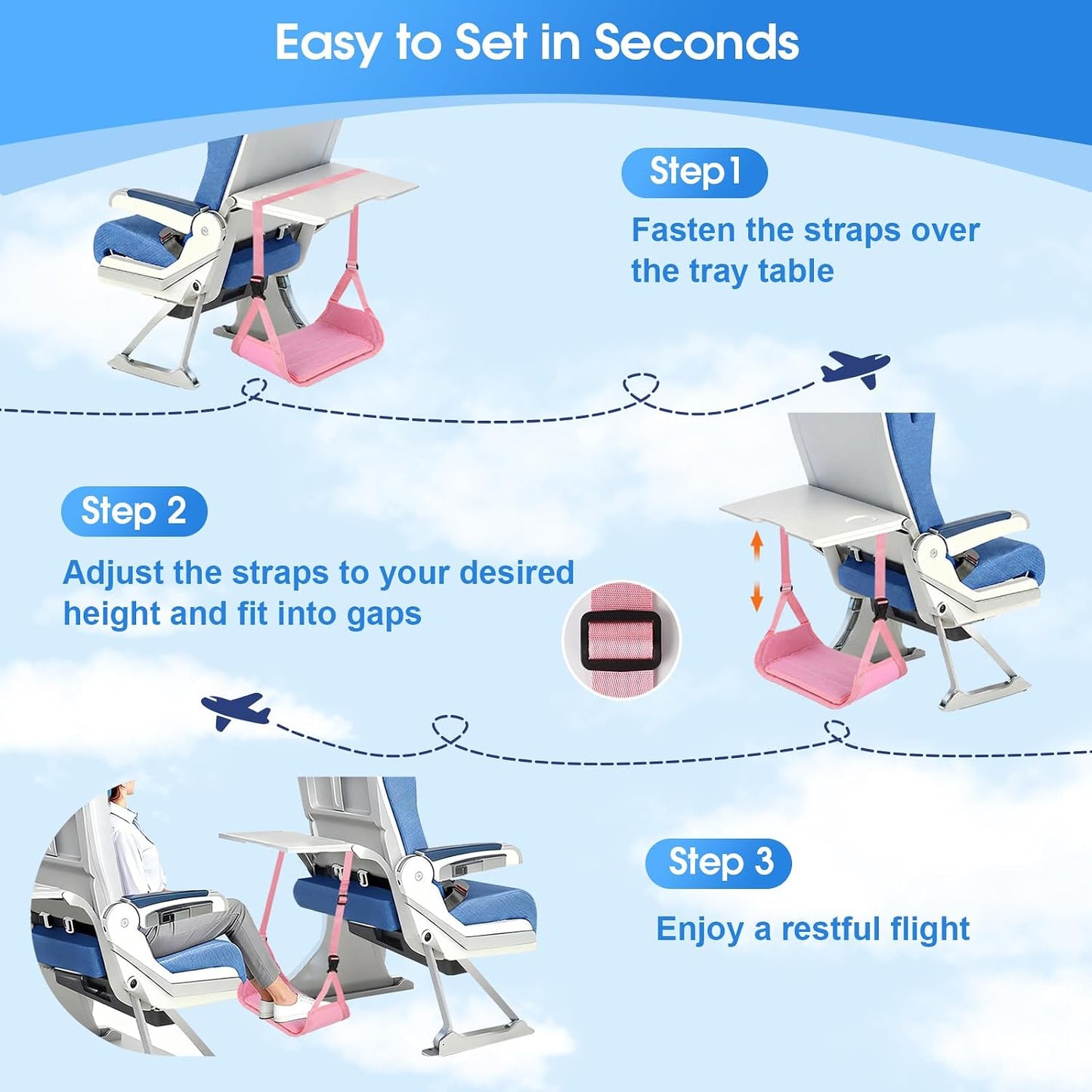 ExploreBliss Airplane Foot Rest - Lightweight Foot Hammock for Plane Travel with Adjustable Strap & Thick Board, Tray Table Under Desk Footrest to Relax Feet, Travel Essentials for Long Flights(Black)
