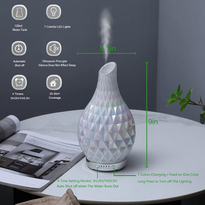 MAXWINER Essential Oil Diffusers Ultrasonic 3D Glass Aromatherapy Diffuser, Auto Shut-Off, Timer Setting, 7 Colors LED Lights Changing for Home, Office, Spa 120ml