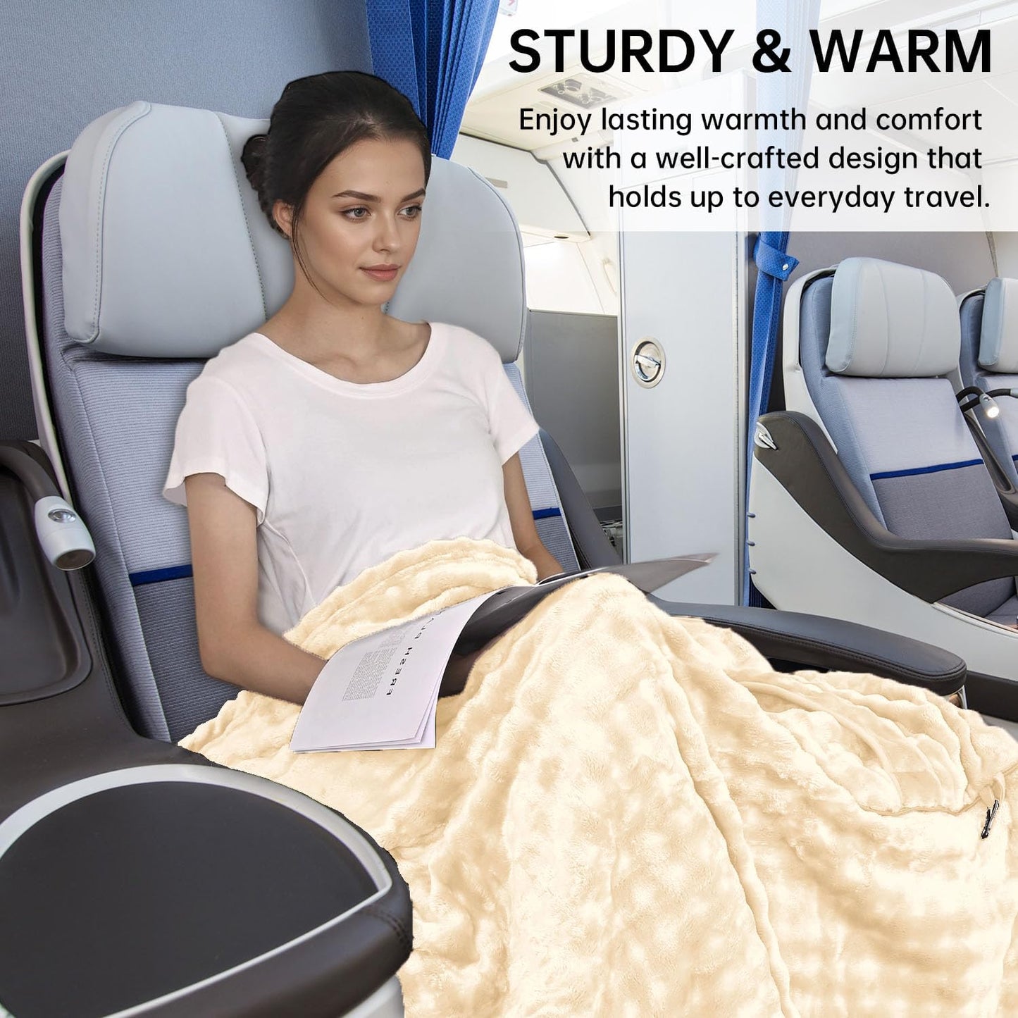 Travel Blanket and Pillow-2-in-1, Ultra-Soft&Compact, One-Piece Airplane Blanket with Hand Luggage Belt and Backpack Clip,Travelers Accessories Gifts, 61x43 Inches (Blue)