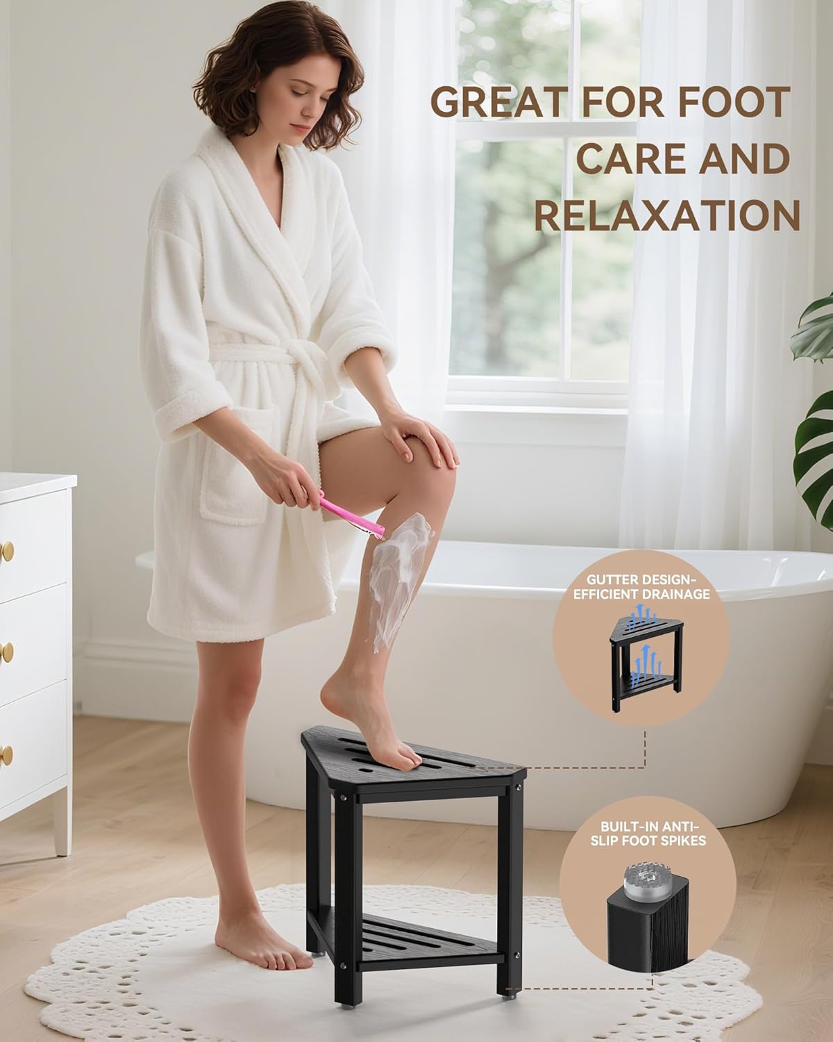 Shower Foot Rest 15in, HDPE Waterproof Shower Stool for Inside Shower, Corner Shower Stool for Shaving Legs with Storage Shelf for Small Space, Shower Step Stool, Plastic Corner Shower Bench, White