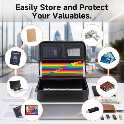 Fireproof Document Box With Lock, 16 Pocket Document Organizer
