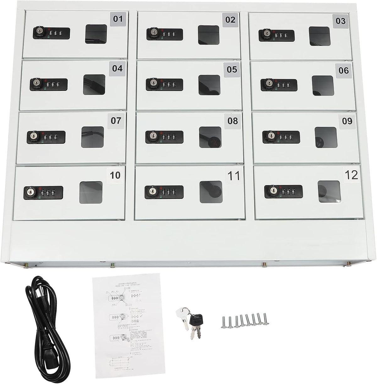 12 Slots Cellphone Locker, 12-Compartment Cellphone Charging Station with Combination Lock, 3 in 1 Charging Ports Phones Storage Pocket, Steel Plate Ipad Mini Storage Cabinet for Classroom Office