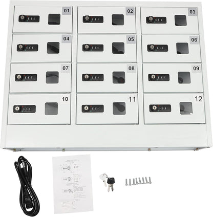12 Slots Cellphone Locker, 12-Compartment Cellphone Charging Station with Combination Lock, 3 in 1 Charging Ports Phones Storage Pocket, Steel Plate Ipad Mini Storage Cabinet for Classroom Office