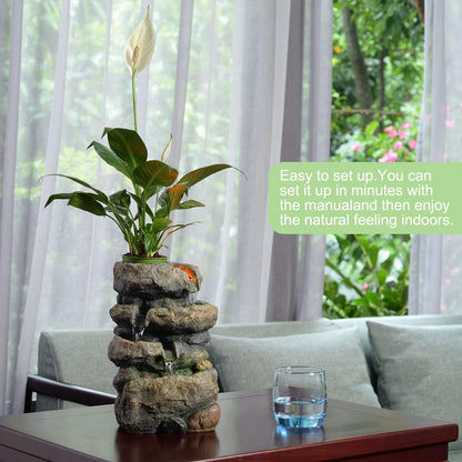 Kalona Tabletop Waterfall Fountain Rockery Fountains Soothing Sound Tabletop Fountains Home/Office Decor with a Small Plastic Pot to Grow The Plant by Yourself(Automatic Watering)(22020)