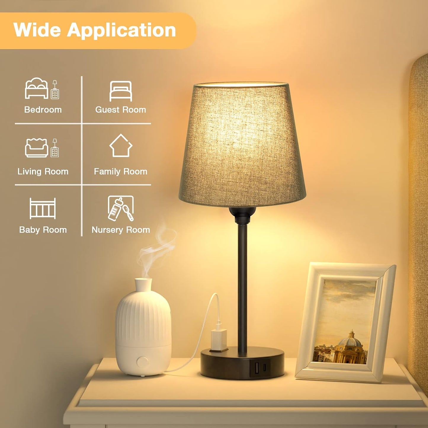 Mini Bedside Lamps for Bedrooms Set of 2 - Nightstand Bedroom Lamps with USB C Port and AC Outlet Charging, Dimmable Touch Small Bed Side Table Lamp, Black Night Stand Light for Kids/Guest Room