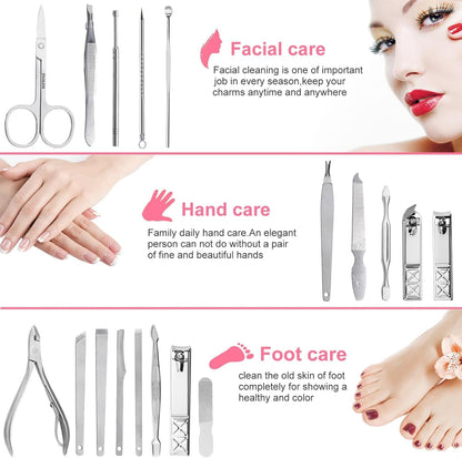 Yougai Manicure Set 18 Pieces Professional Nail Clippers Pedicure Kit Men Women, Stainless Steel Fingernail Toenail Cutters, Nail Care Grooming Tools with Leather Travel Case