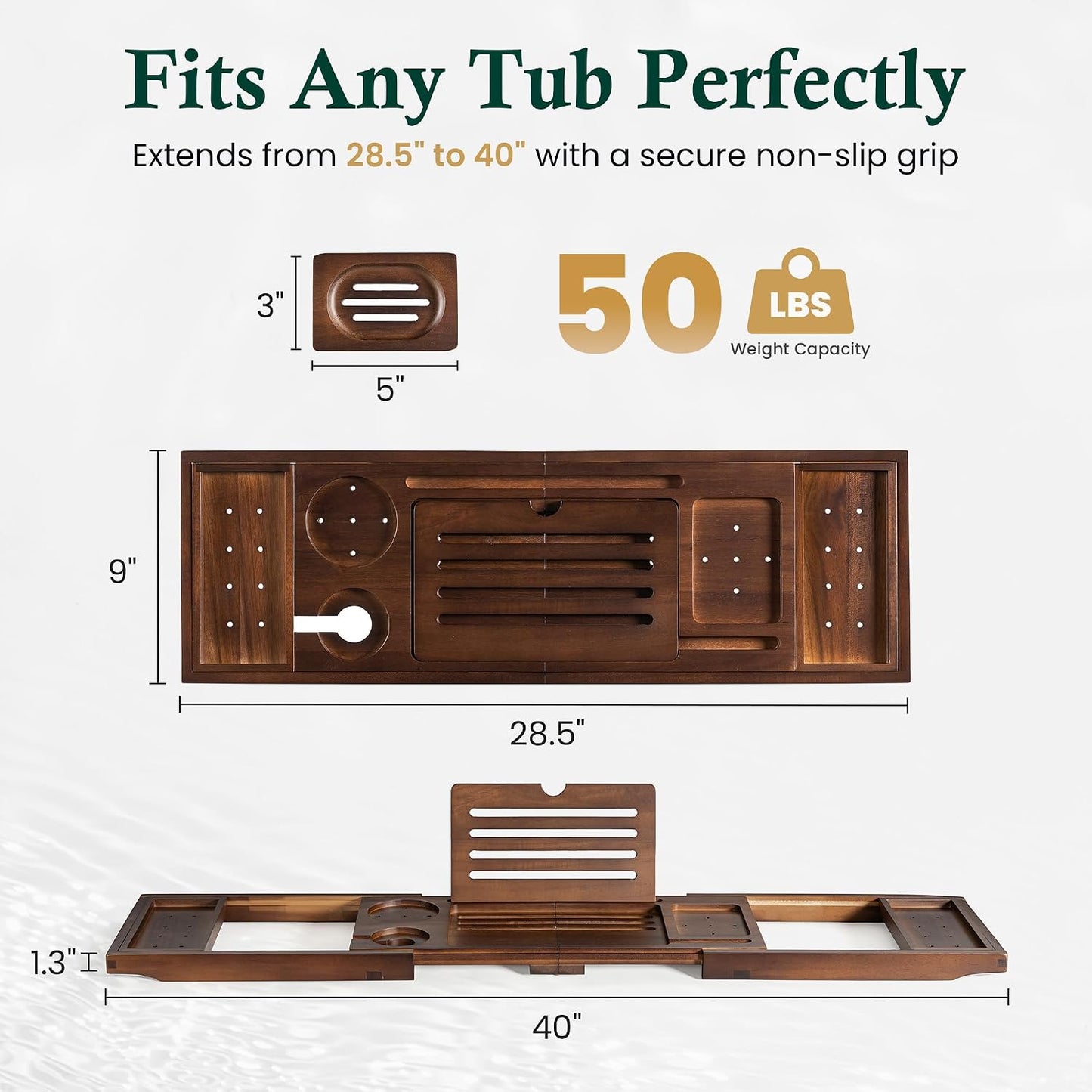 Bamboo Bathtub Tray, Bath Caddy with Wine Glass Holder, Phone Dock & Book Stand | Hands-Free Reading & Ultimate Spa Relaxation Experience-Brown