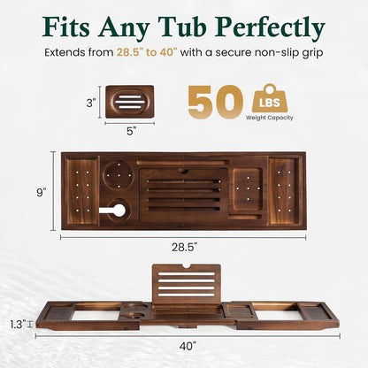 Bamboo Bathtub Tray, Bath Caddy with Wine Glass Holder, Phone Dock & Book Stand | Hands-Free Reading & Ultimate Spa Relaxation Experience-Brown