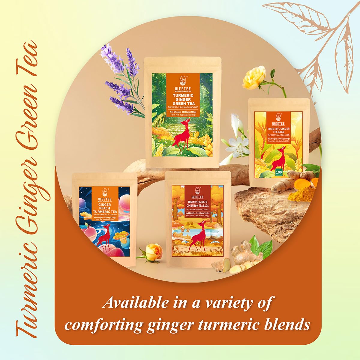 WT WEETEE Turmeric Ginger Green Tea Bags 100ct, Honey Flavored, Caffeinated