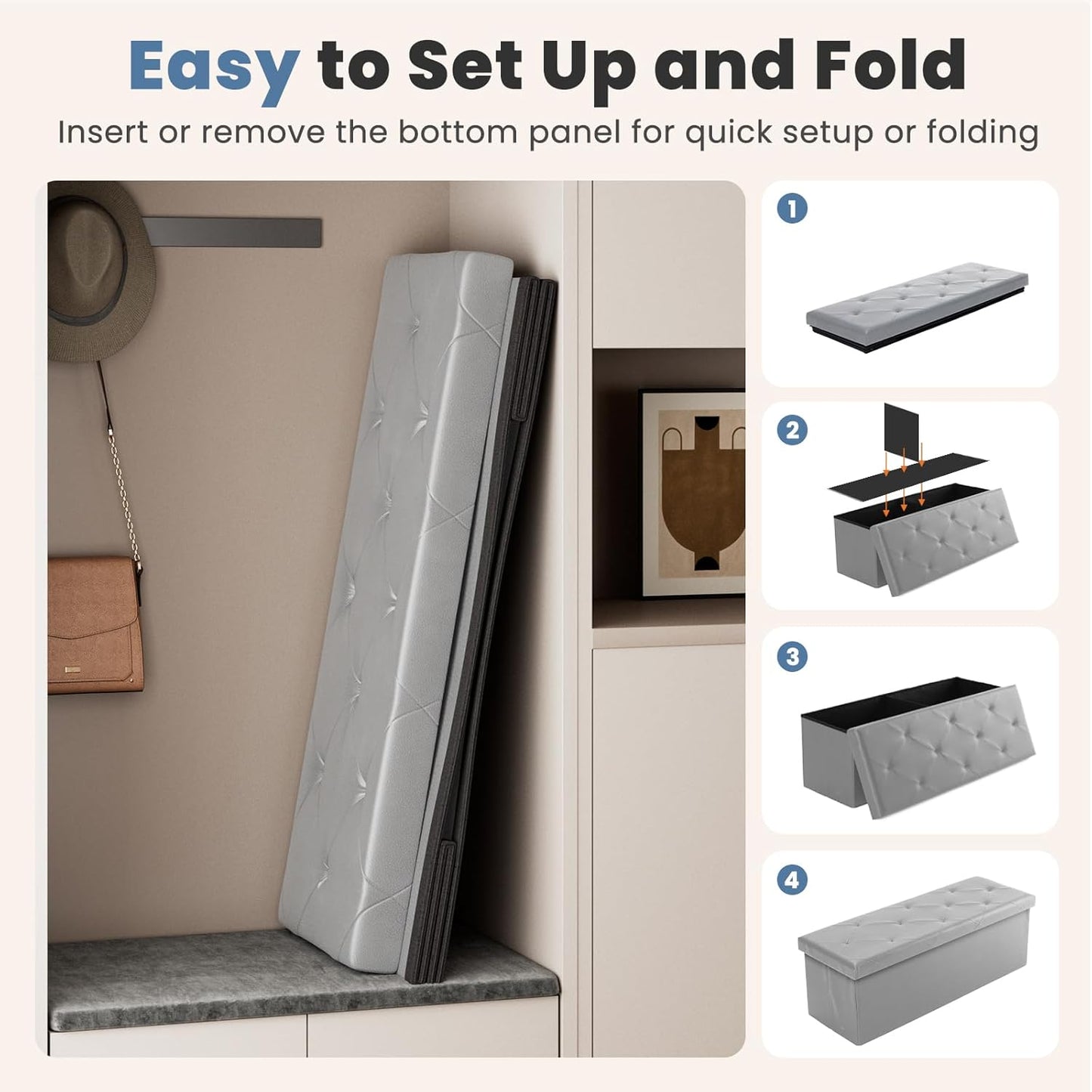 DUMOS 43 Inch Folding Storage Ottoman Bench, Large Hidden Storage Chest with Thicker Foam Padded Seat, End of Bed Foot Rest Stool for Bedroom Living Room Entryway, Load 660 lbs, Grey