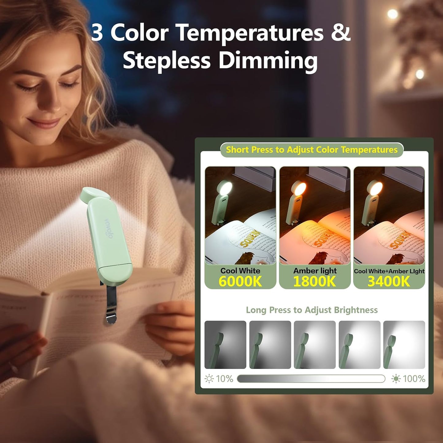 VAVOFO USB Rechargeable Book Light, Blue Light Blocking, Amber Clip-On Bookmark Shaped Reading Light, Eye Care 6 LEDs With 9 Lighting Modes for Bookworms (Grey)