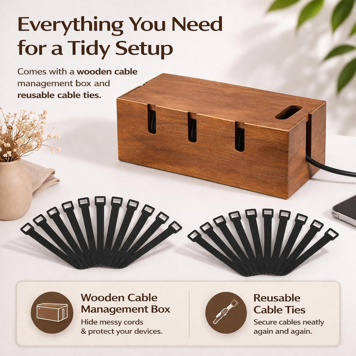 Large Acacia Wood Cable Management Box for Power Strips