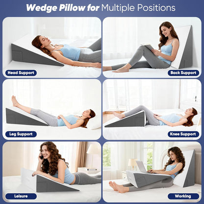 Bed Wedge Pillow for Sleeping & Resting, 8 inch Incline Pillow Wedge for Adults Seniors, Back Support and Leg Elevation, Cooling Memory Foam Top, Ideal for Couch, Bedroom & Living Room