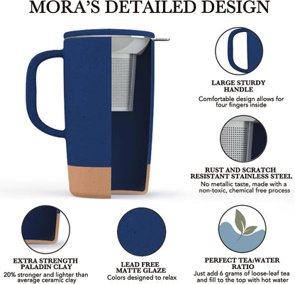 Mora Ceramics Large Tea Mug with Loose Leaf Infuser and Ceramic Lid, 18 oz, Portable, Microwave and Dishwasher Safe, Tall Coffee Cup - Rustic Matte Ceramic Glaze, Modern Herbal Tea Strainer, Olive
