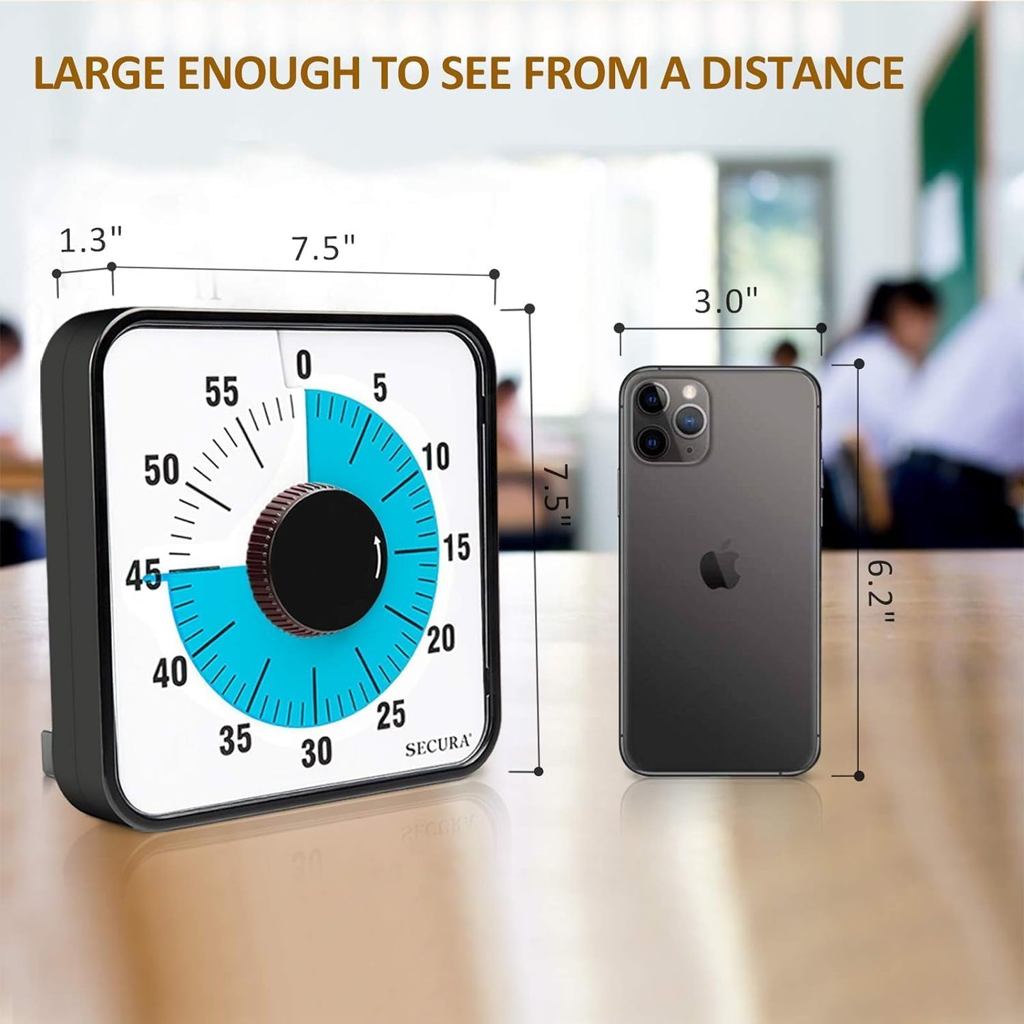 Secura 7.5 Inch Visual Timer, 60 Minute Visual Oversize Countdown Timer for Kids and Adults, Durable Mechanical Time Management Tool (Dark Green)