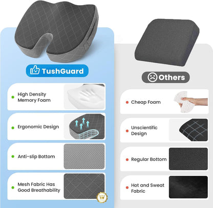 TushGuard Seat Cushion - Memory Foam Sitting Pillow for Office Chair, Car Seat, Airplane, Bleacher - Sciatica & Hip & Coccyx Pain Relief Desk Chair Cushion for Long Sitting Office Workers, Car Drivers
