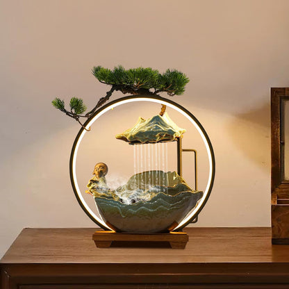 Mini Artificial Bonsai Tree Waterfall Fog Feature Rock Tabletop Fountain | 11in Desktop Decor Waterfall Fountain W/ Water Pump& Atomizer&LED Lights &Fake Tree Office Bedroom Relax