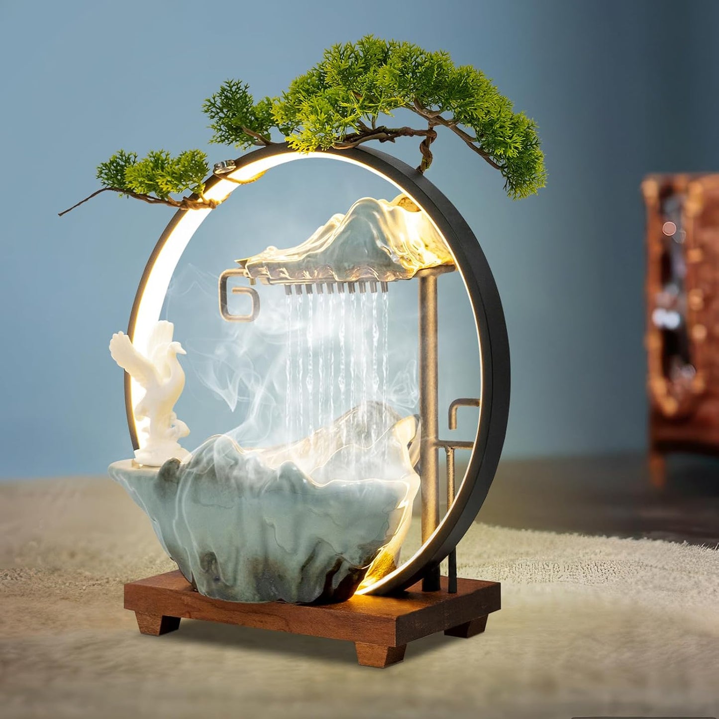 Mini Artificial Bonsai Tree Waterfall Fog Feature Rock Tabletop Fountain | 11in Desktop Decor Waterfall Fountain W/ Water Pump& Atomizer&LED Lights &Fake Tree Office Bedroom Relax