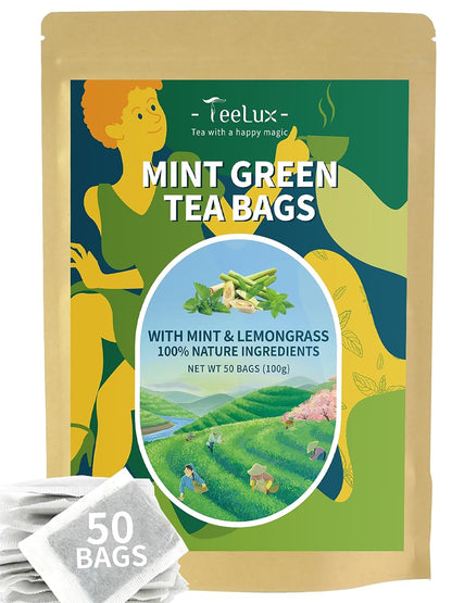 TeeLux Mint Green Tea Bags, Fresh & Smooth Taste, Refreshing Aroma, 50Count