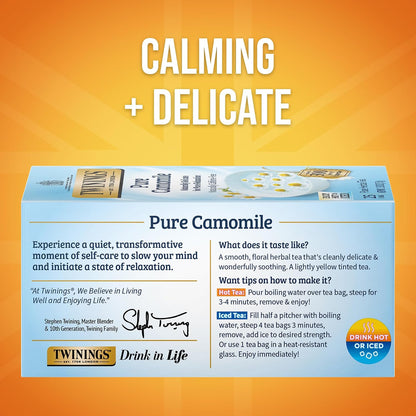 Twinings Pure Camomile Herbal Tea Individually Wrapped Bags, 25 Count (Pack of 6), Calming & Delicate, Naturally Caffeine-Free, Enjoy Hot or Iced, 150 Teabags