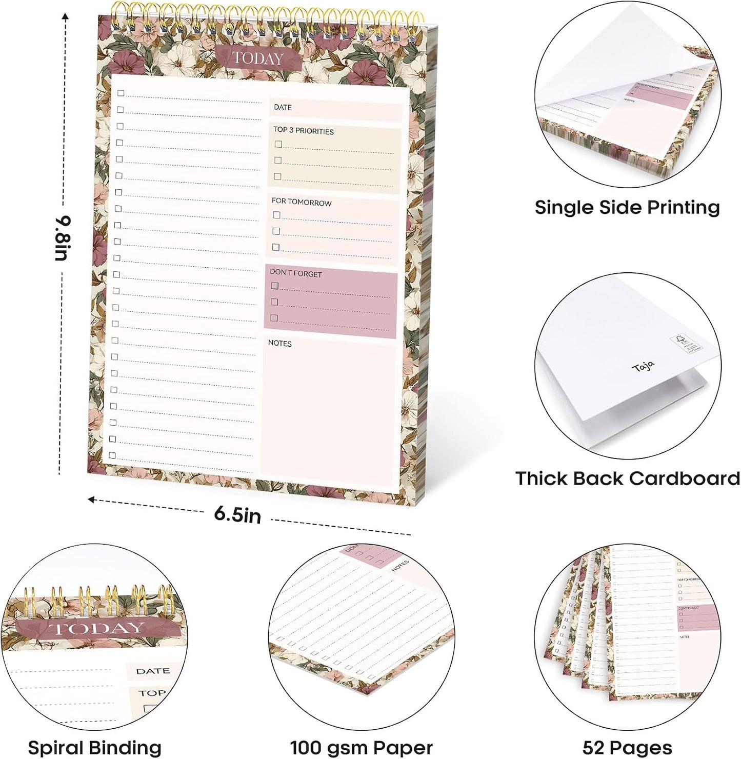 Taja To Do List Notepad - To Do List Notebook for Work with 52 Sheets, 9.8" x 6.5", Undated Daily Planner Perfect for Daily Tasks and Goal Setting, Notepad Suitable for Office, Home & School - Violet Dream
