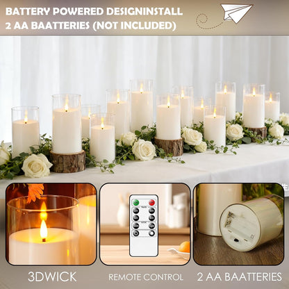 kakoya Flickering Flameless Candles Battery Operated with Remote and 2/4/6/8 H Timer Acrylic Led Pillar Candles Pack of 9 (appr D2.3"xH5.5"6.5"7.5")with Realistic 3D Wick Candles for Home Decor(White)