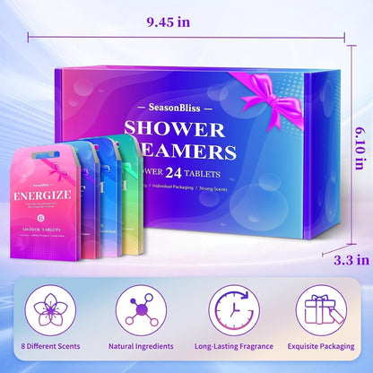 SeasonBliss Shower Steamers 24 Pack, Shower Tablets, Natural Ingredients, 8 Different Scents, Individually Wrapped Shower Steamer, Shower Steamers for Women