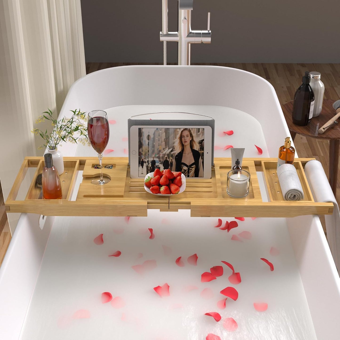 Artmalle Luxury Bathtub Caddy Tray for Tub - Foldable Bamboo Bath Table Tray with Book and Wine Glass Holder, Expandable Bathroom Accessories for Spa or Reading Lite Style