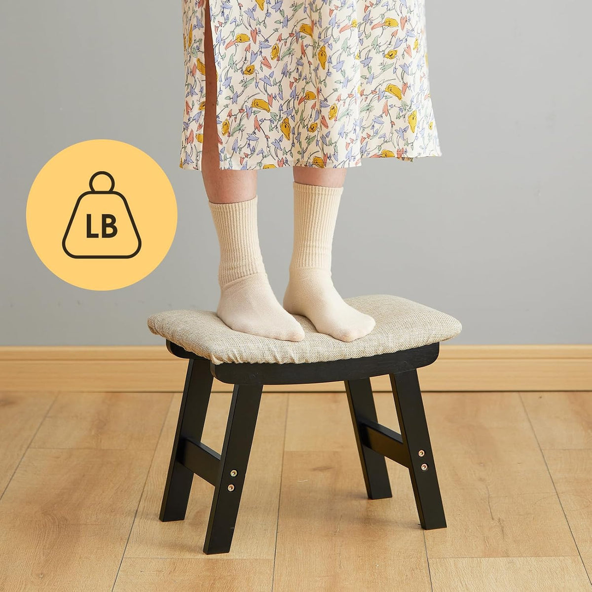 Foot Stool Ottoman Foot Rest Under Desk,Small Stool for Living Room, Bedroom and Kitchen (Brown Legs - Beige Stool Surface)