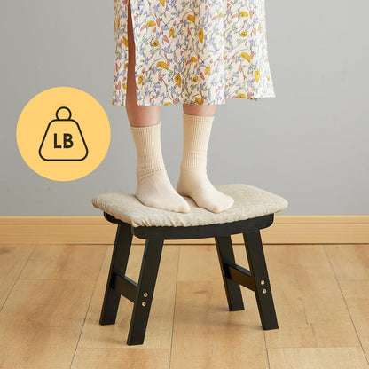 Foot Stool Ottoman Foot Rest Under Desk,Small Stool for Living Room, Bedroom and Kitchen (Brown Legs - Beige Stool Surface)