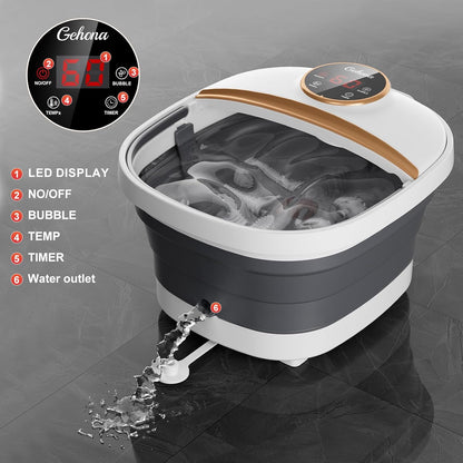 GEHONA Collapsible Foot Spa Bath with Heat, Foot Massager with Two Side Supports, Leakage Protector, Temperature Control, Bubbles, Red Light, Timer, Feet Soaker, Gifts (Deep Black)